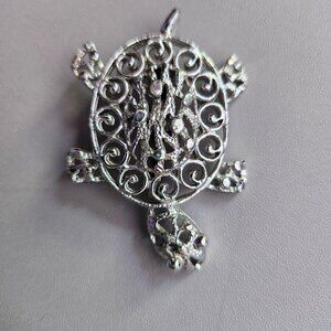 Silver Turtle Pin Brooch Filigree